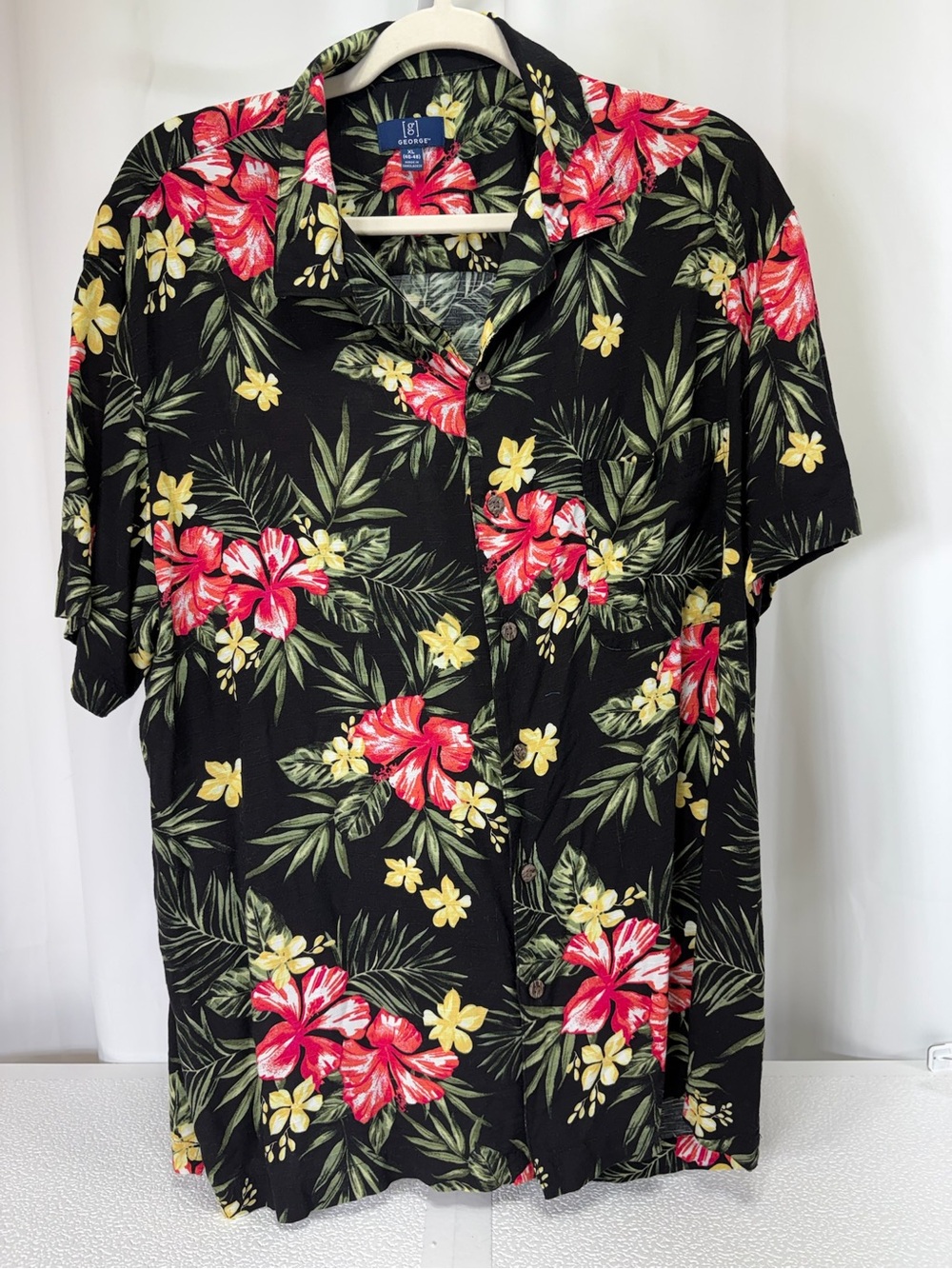 George Black Short-Sleeve Button-Down with Red & Yellow Floral Print 4093